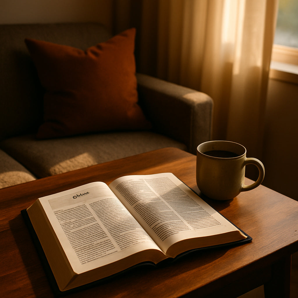 A cozy reading nook with a modern Bible translation open on a wooden table, soft morning light streaming in, a cup of coffee beside it. Alt: Bible translation for beginners in a comfortable setting.