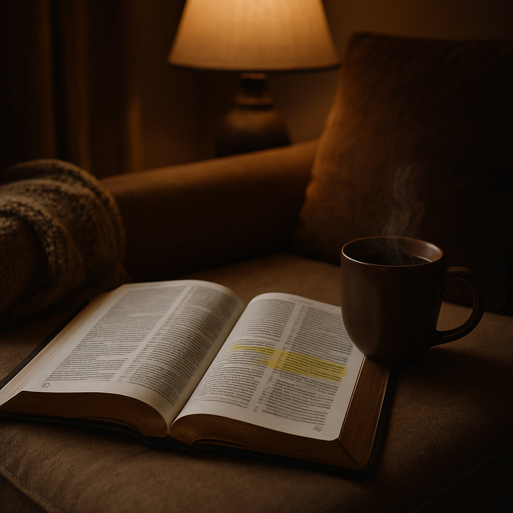 A cozy reading nook with a Bible open to a highlighted verse, soft lighting, a steaming cup of coffee beside it. Alt: Choosing a Bible translation for beginners, warm reading setting