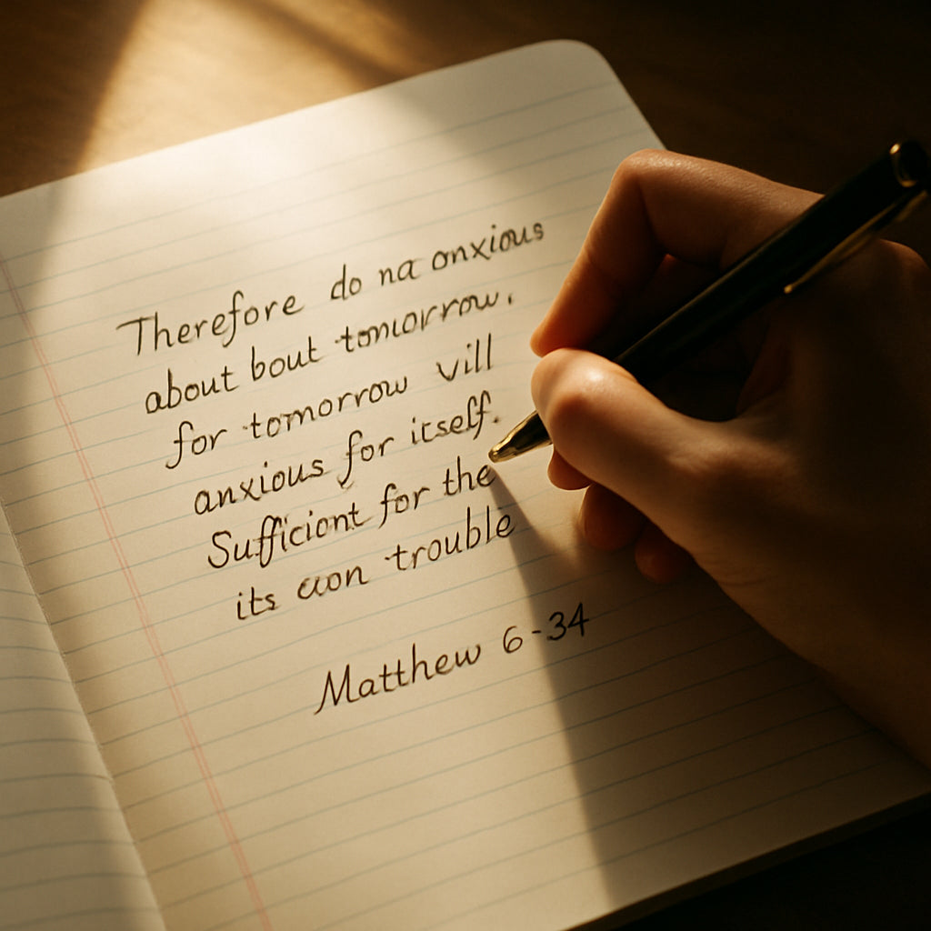 A serene hand writing a Bible verse on lined paper, soft sunlight spilling over the page, emphasizing calm and focus. Alt: Scripture writing plan for anxiety hand‑written verse.